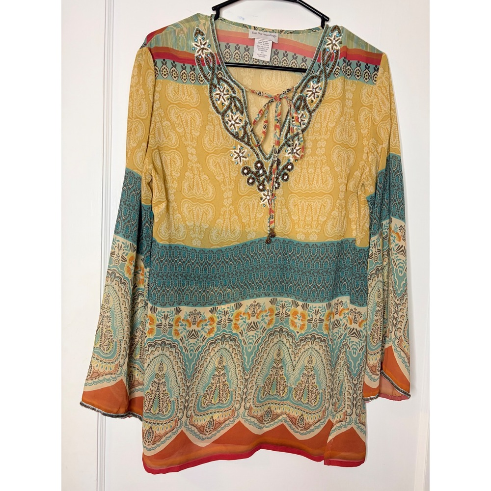 Soft Surroundings Fairycore Gypsy Festival Beaded shirt Boho Paisley‎ Print XS